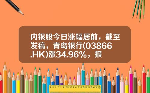 内银股今日涨幅居前，截至发稿，青岛银行(03866.HK)涨34.96%，报3.32港元-青岛银行基金