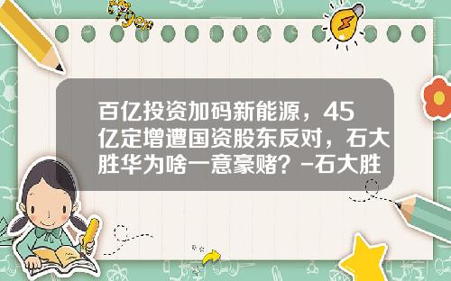 百亿投资加码新能源，45亿定增遭国资股东反对，石大胜华为啥一意豪赌？-石大胜华公司简介