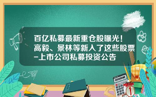 百亿私募最新重仓股曝光！高毅、景林等新入了这些股票-上市公司私募投资公告