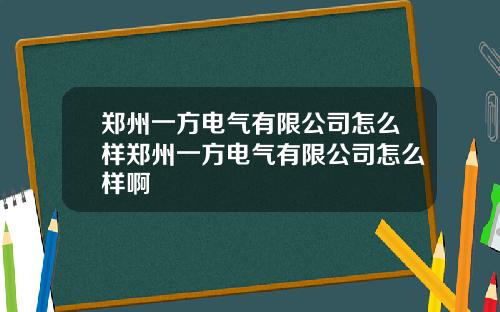 郑州一方电气有限公司怎么样郑州一方电气有限公司怎么样啊